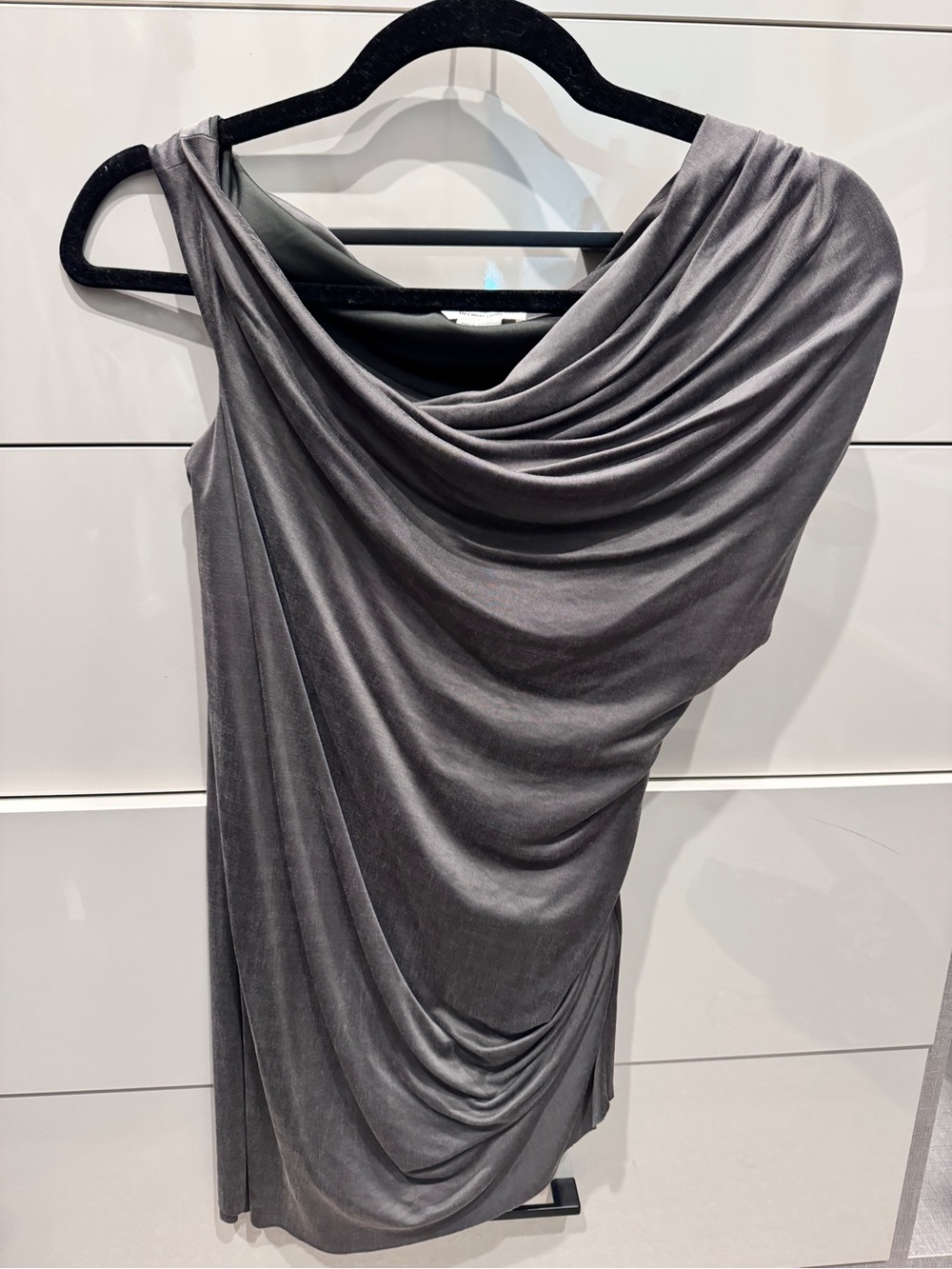 Helmut Lang Draped One-Shoulder Dress in Charcoal Gray